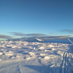 Výhled ze Stříbrného hřbetu (cca 1460 m.n.m.) na Sněžku v odpoledním slunci.